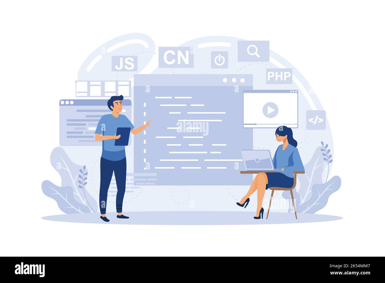 Programmierkurse Webdesign Konzept mit Menschen. Studenten studieren mit Computer-Szene. Online-IT-Kurse Komposition in flachen Stil. Stock Vektor