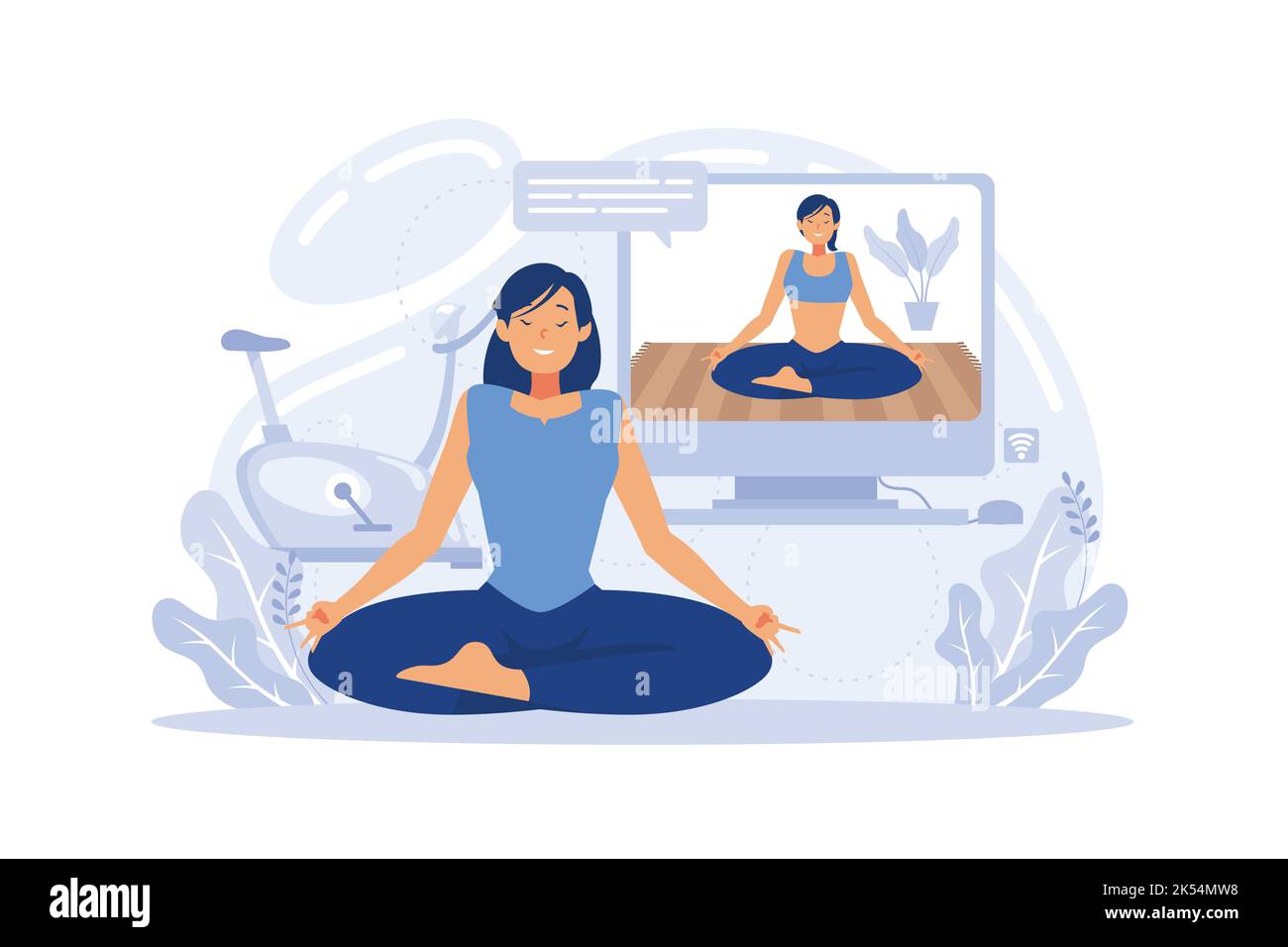 Yoga-Studios streamen Online-Kurse. Mädchen, die Online-Sport-Tutorials auf einem Laptop und zu Hause zu arbeiten. Stock Vektor