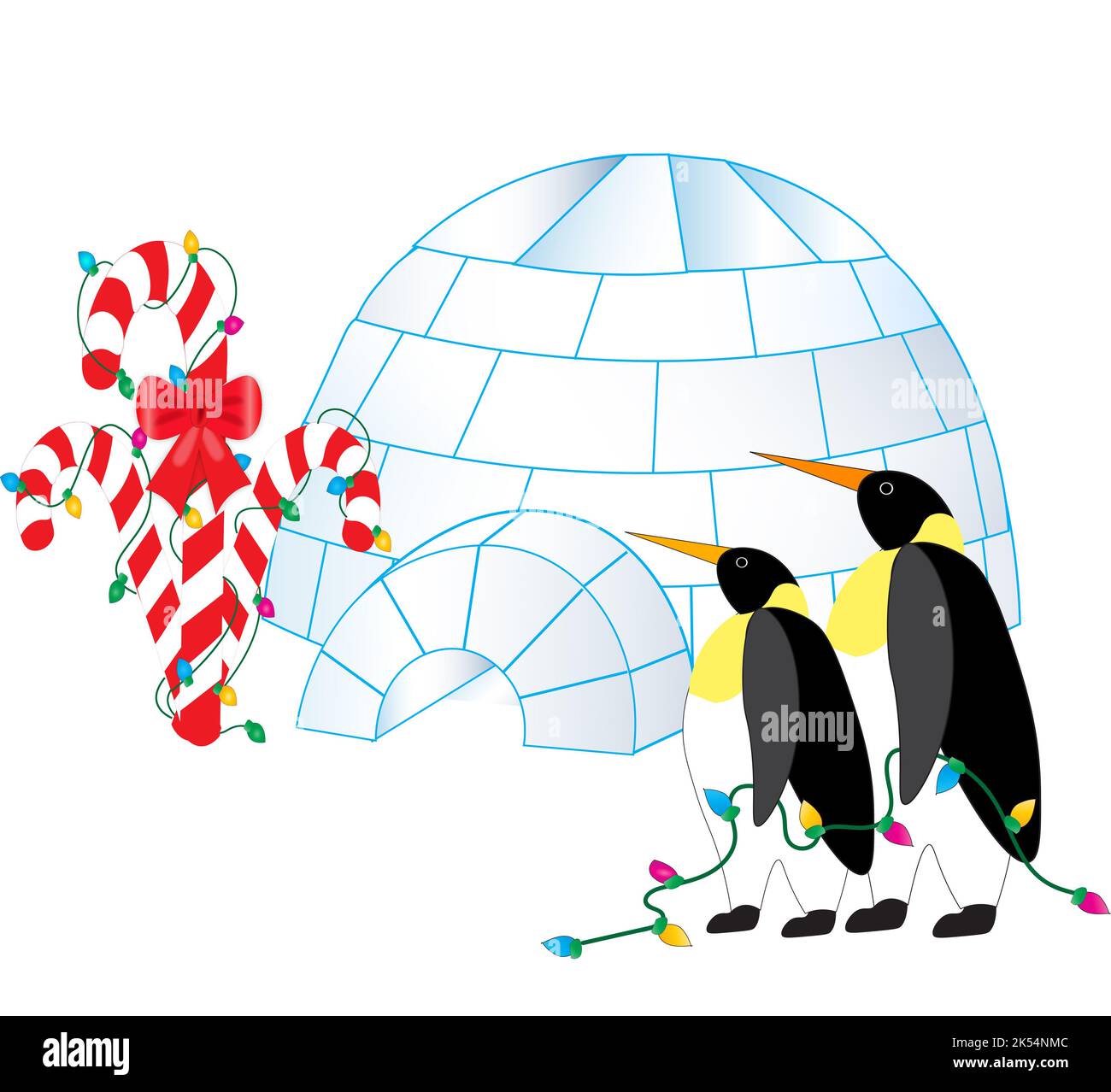 Illustration von zwei großen Pinguinen Dekorieren ihre Iglu mit einem Zuckerrohrbaum. Stockfoto