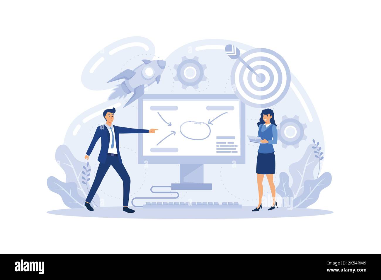 Kreativer Prozess. Marketing-Spezialist Design einzigartige Unternehmenspräsentation und kreative Identität. Markenbekanntheit als Teil der Marketingstrategie. Flach Stock Vektor