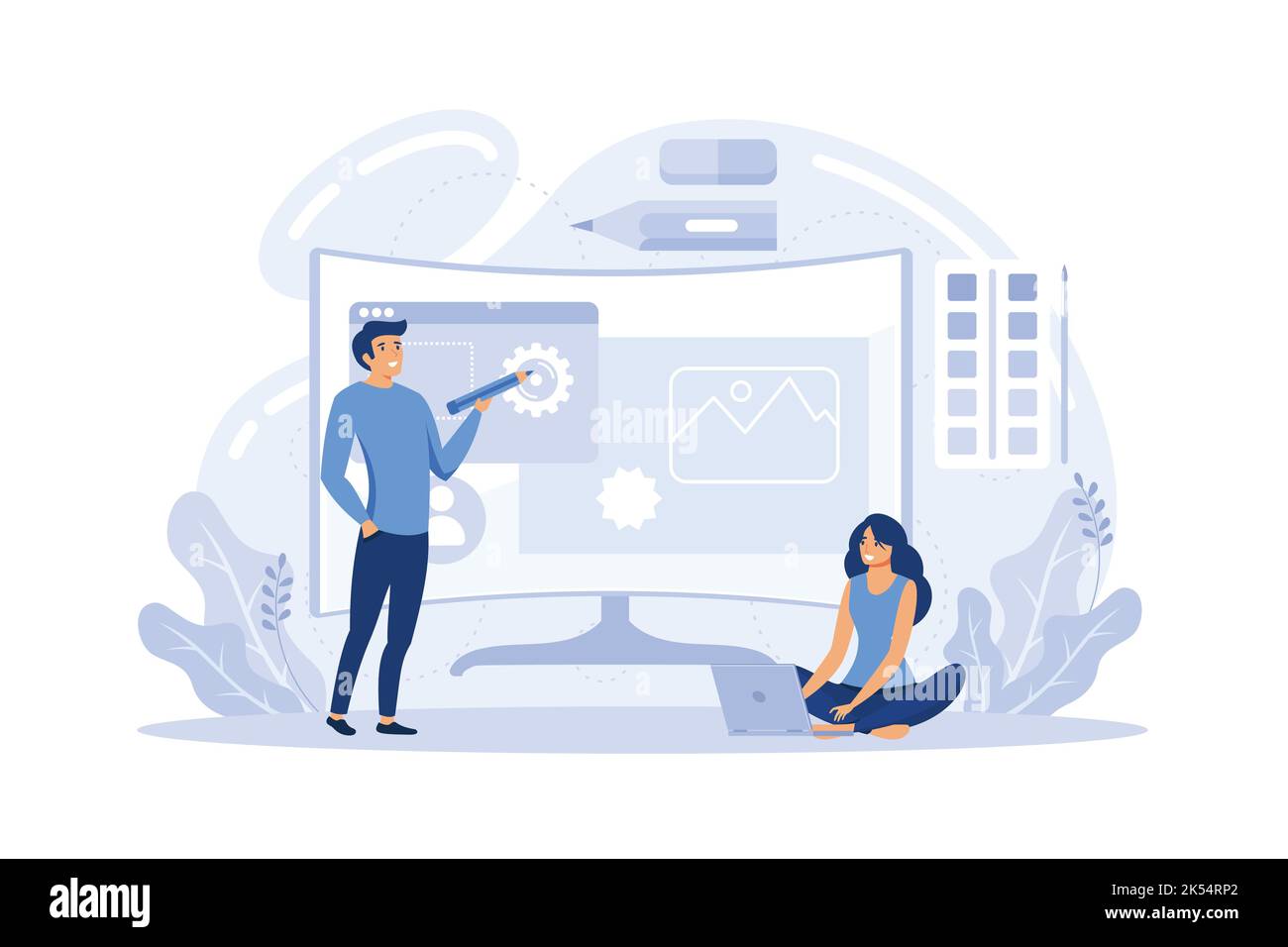 Design. Marketing-Spezialist Design einzigartige Unternehmenspräsentation und kreative Identität. Markenbekanntheit als Teil der Marketingstrategie. Flacher Vektor il Stock Vektor