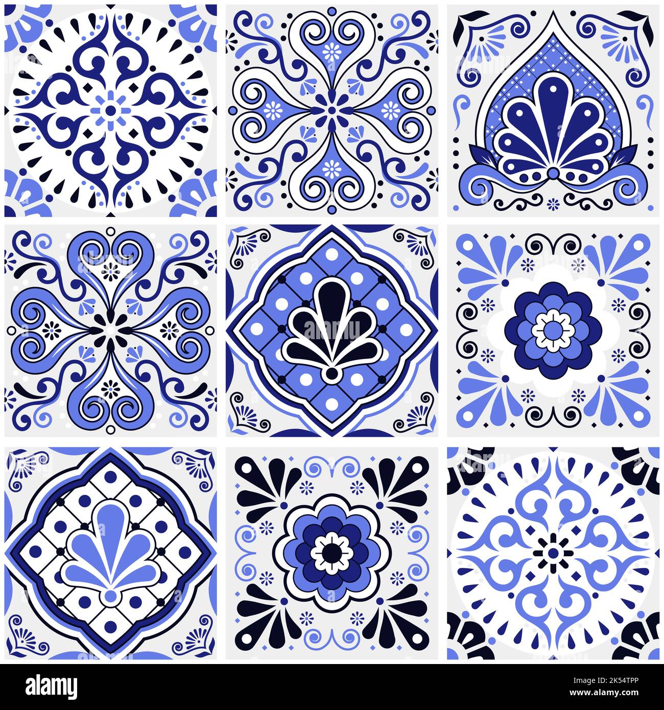 Big set Fliesen Vektor nahtloses Design, mexikanische Volkskunst Stil talavera Muster - Mix aus verschiedenen Fliesen in marineblau Stock Vektor