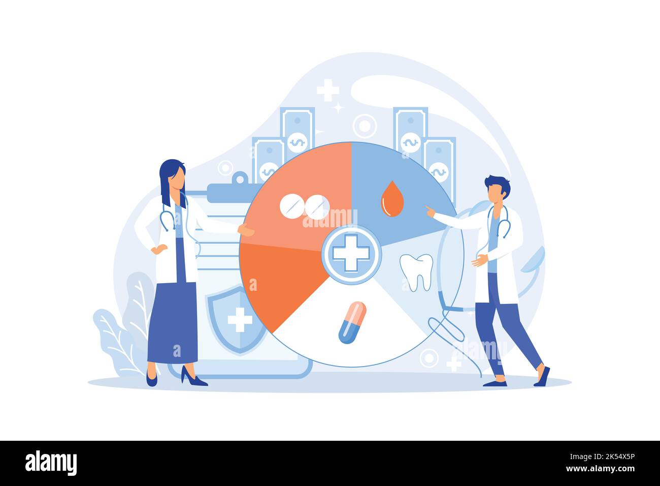 Ernährungsberater Arzt oder Ernährungsberater mit Stethoskop, Zwischenablage und Gesundheitssymbolen auf hellblauem Hintergrund. Wellness gesunder Lebensstil, Gesundheit und Nuss Stock Vektor