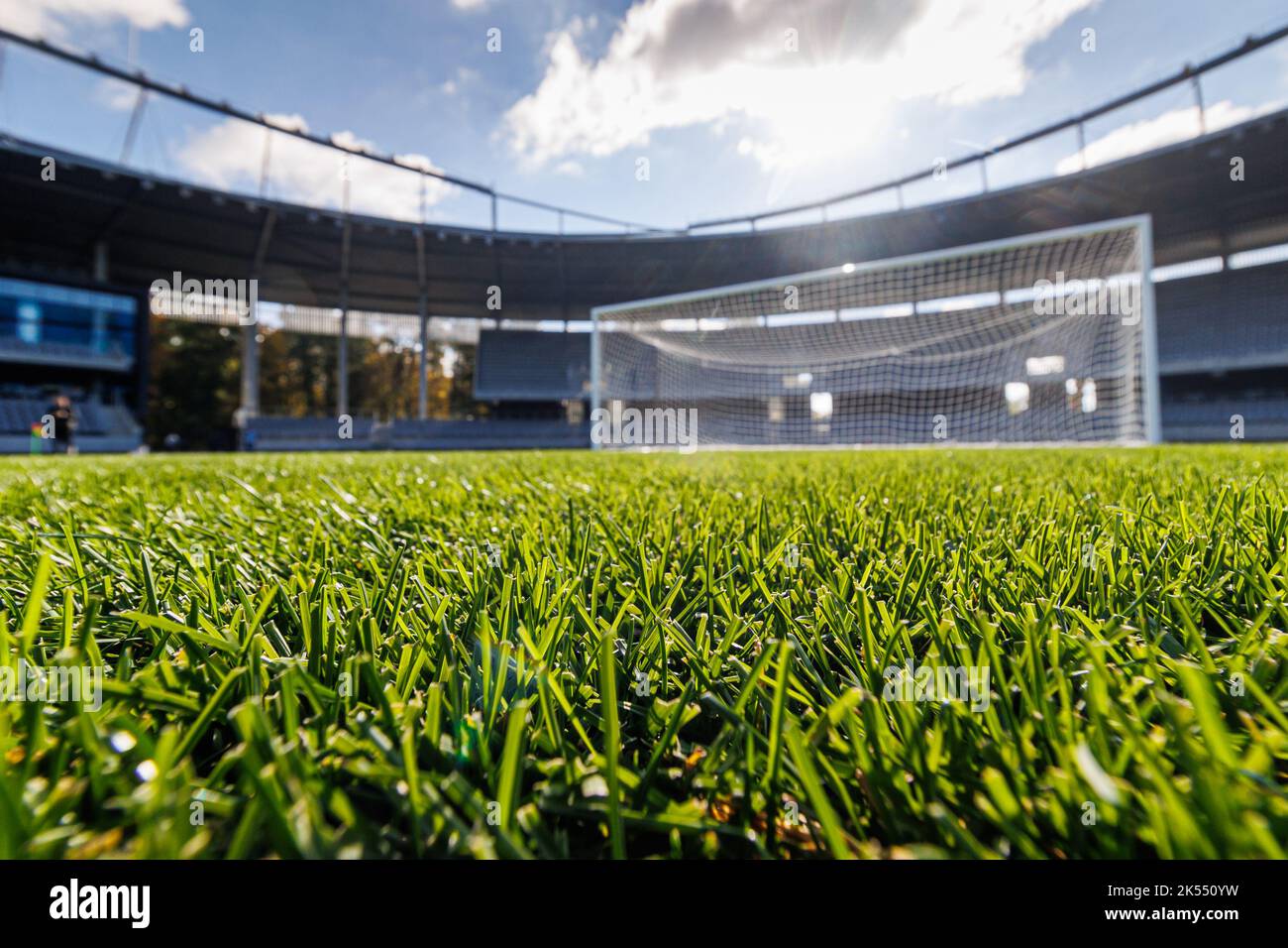 Grünes Gras mit Fußballstadion im Hintergrund. Stockfoto