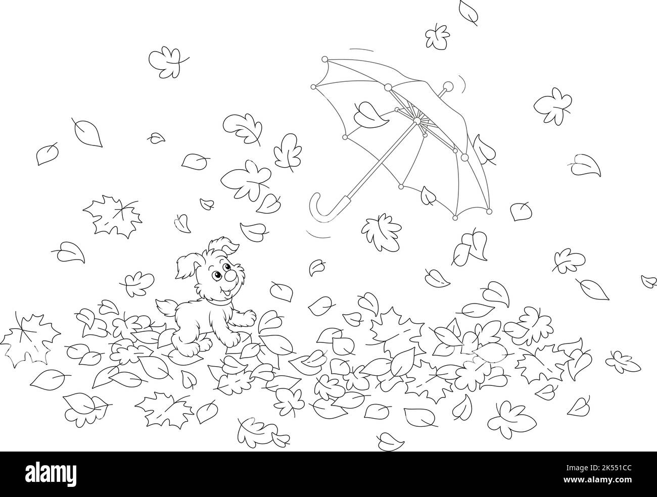 Fröhlicher kleiner Welpe, der spielt und einem Spielzeugschirm jagt, der im Wind unter fallenden Blättern in einem Herbstpark fliegt und wirbelt Stock Vektor