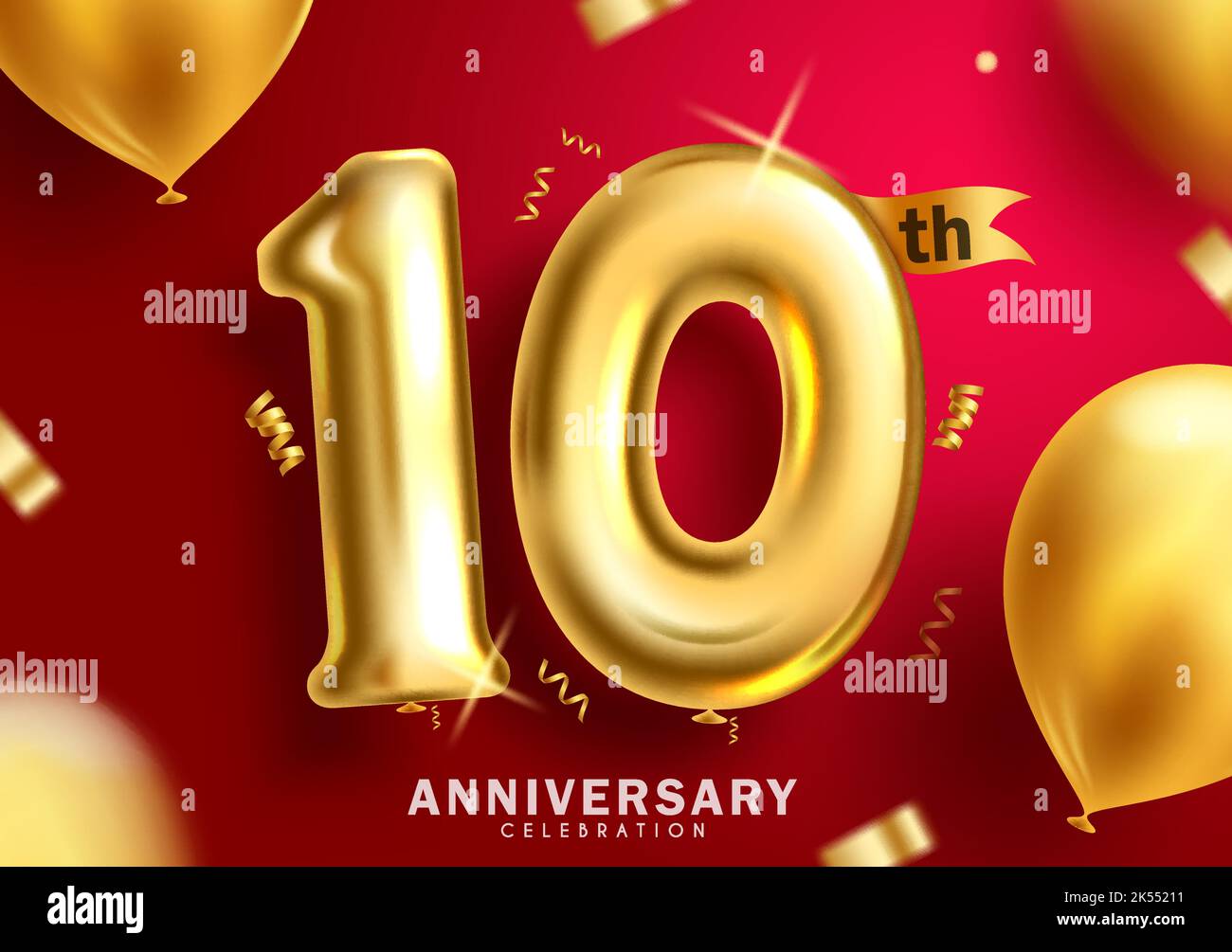 Jahrestag 10. Vektor-Hintergrund-Design. Jubiläum 10 Jahre Feier mit aufblasbaren Gold Ballons Feier in rotem Hintergrund. Vektor Stock Vektor