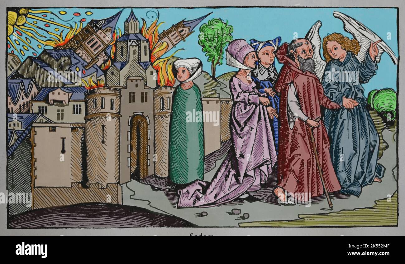 Destruktion von Sodom. Lot und ihre Töchter entkommen und seine Frau wird zu einer Salzsäule. Nürnberger Chronik, 1493. Stockfoto