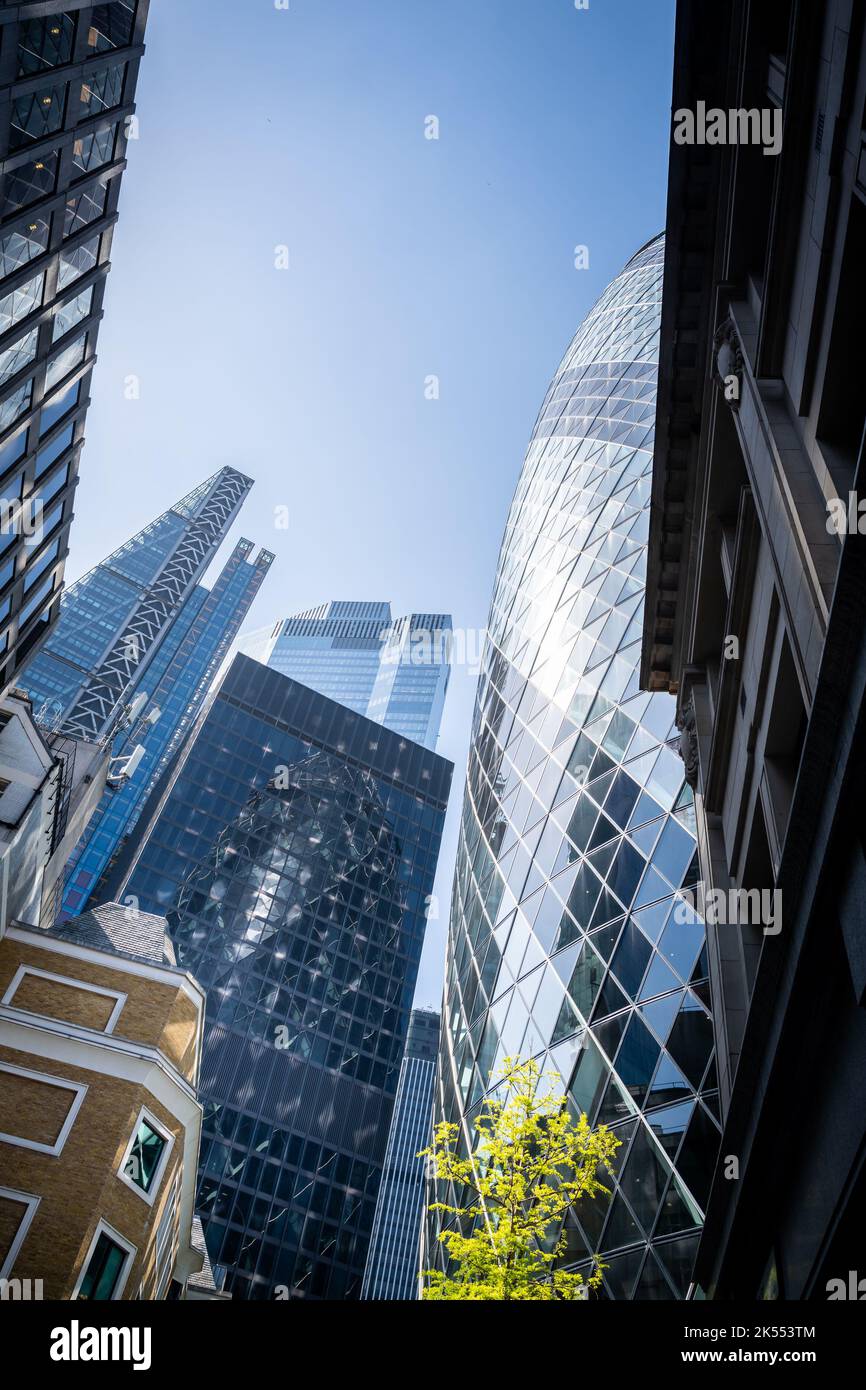 Das Gherkin-Gebäude inmitten einer Vielzahl anderer Architekturen. Das Hotel befindet sich in der 30 St. Mary Axe, London. Einige moderne Gebäude stehen neben älteren Gebäuden. Stockfoto