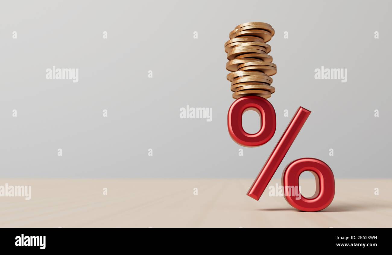Zinssatz und Konzept der steigenden Inflation. Rotes Prozentsymbol mit einem Münzstapel. 3D Rendering Stockfoto