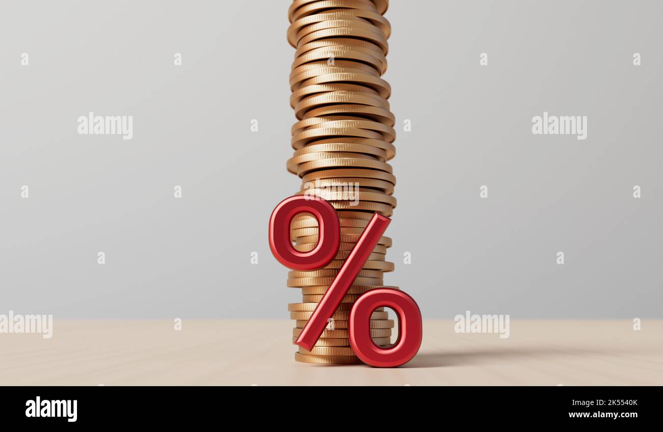 Zinssatz und Konzept der steigenden Inflation. Rotes Prozentsymbol mit einem Münzstapel. 3D Rendering Stockfoto