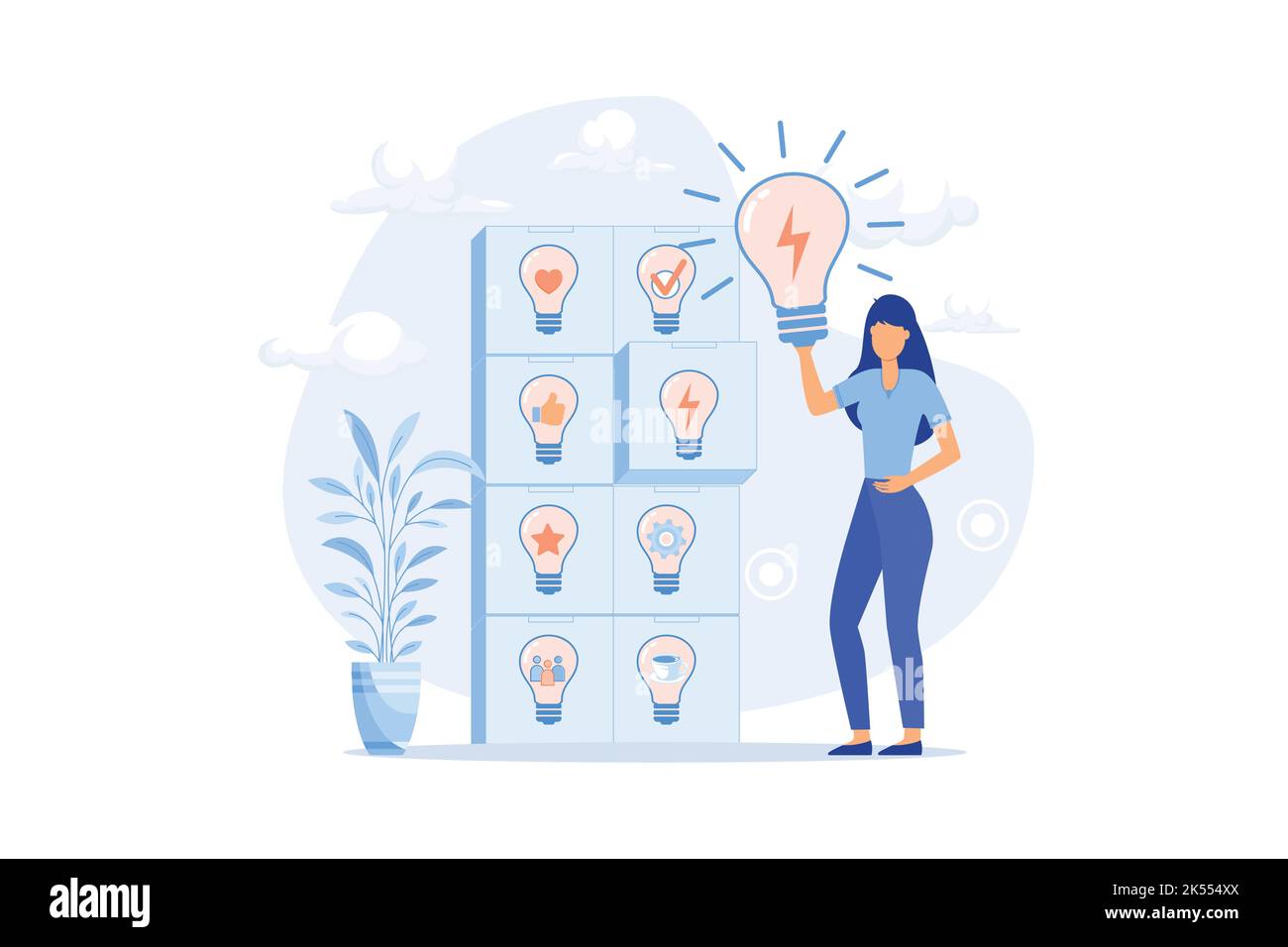 Ideen und bestes Optionsauswahlkonzept. Innovatives Brainstorming und die richtige Lösung für Unternehmen. Girl denkt und entwickelt neue Wachstumsstrategien Stock Vektor