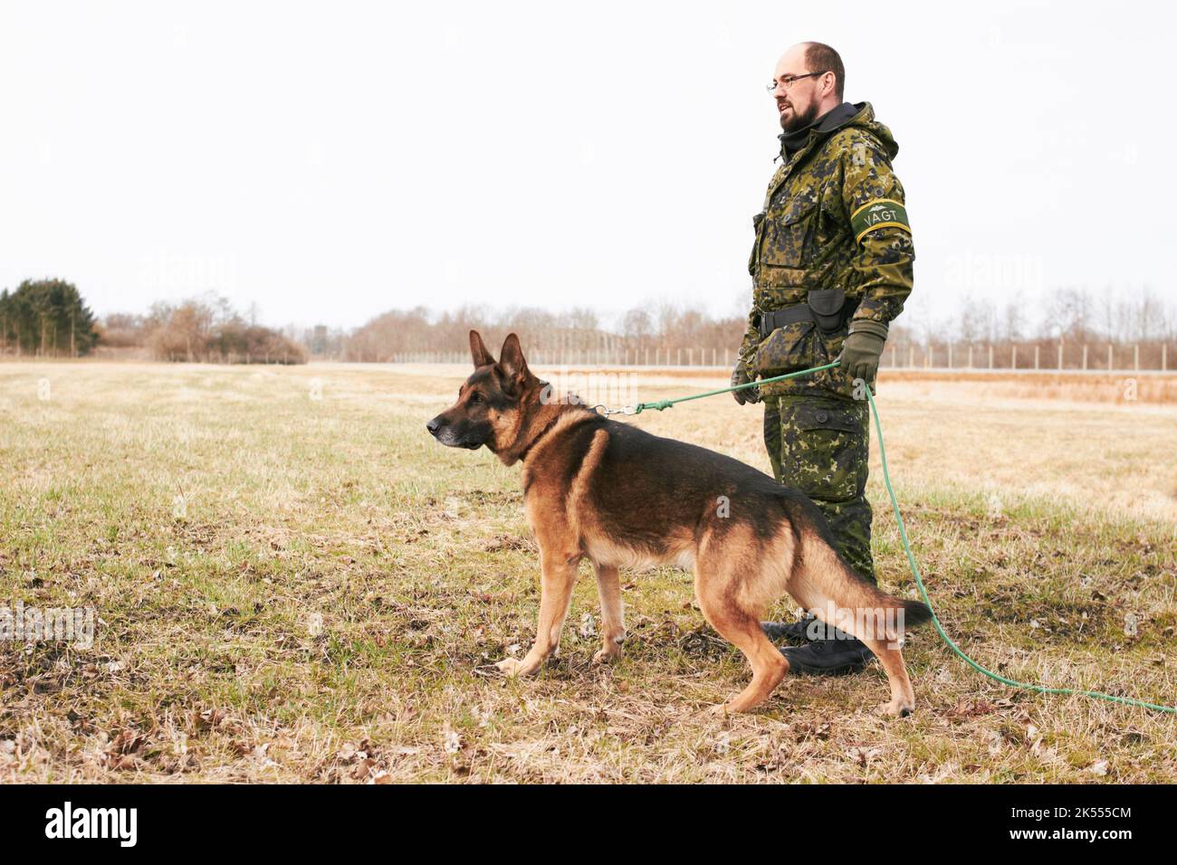 Seinem Meister dabei zu helfen, die Nation zu beschützen. Ein Soldat, der mit seinem Hund auf einem Feld steht. Stockfoto