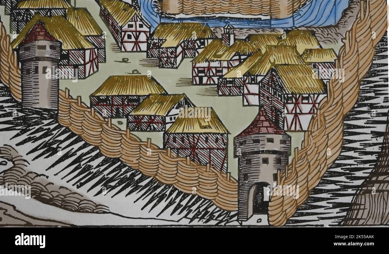 Sabatz (altes Zaslon). Die türkische Festung. Stich der Nürnberger Chronik, 15.. Jahrhundert. Stockfoto