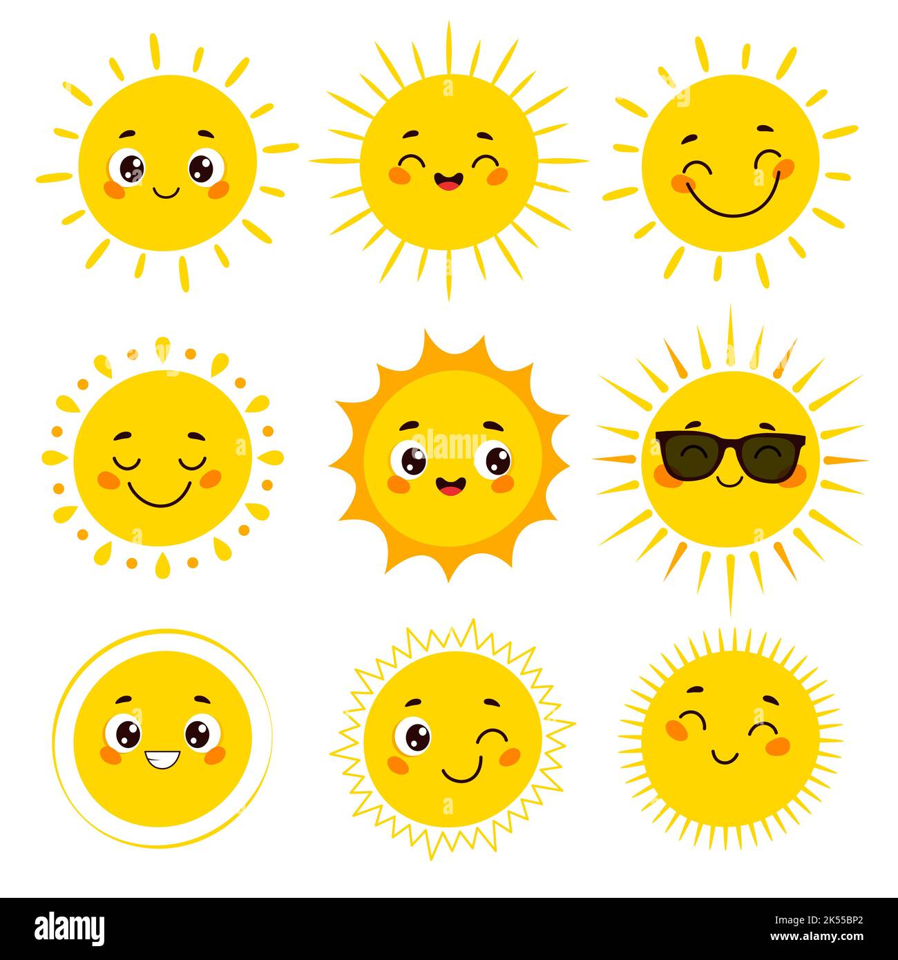 Süße Cartoon-Sun-Emoji-Kollektion. Vektor für sonnige lächelnde Gesichter gesetzt Stock Vektor