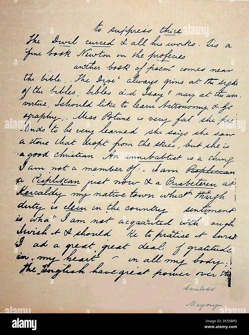 Zwei Seiten aus Marjory Flemings Tagebuch mit unterstrichenen Korrekturen und einem „sorglosen Marjory“-Kommentar von Isa Keith, ihrer Freundin. Marjorie war ein kindliterarisches Genie Marjory oder Marjorie, Fleming (1803-1811) - Familienname Maidie oder 'Pet Marjorie' / 'Pet Marjory'. Stockfoto