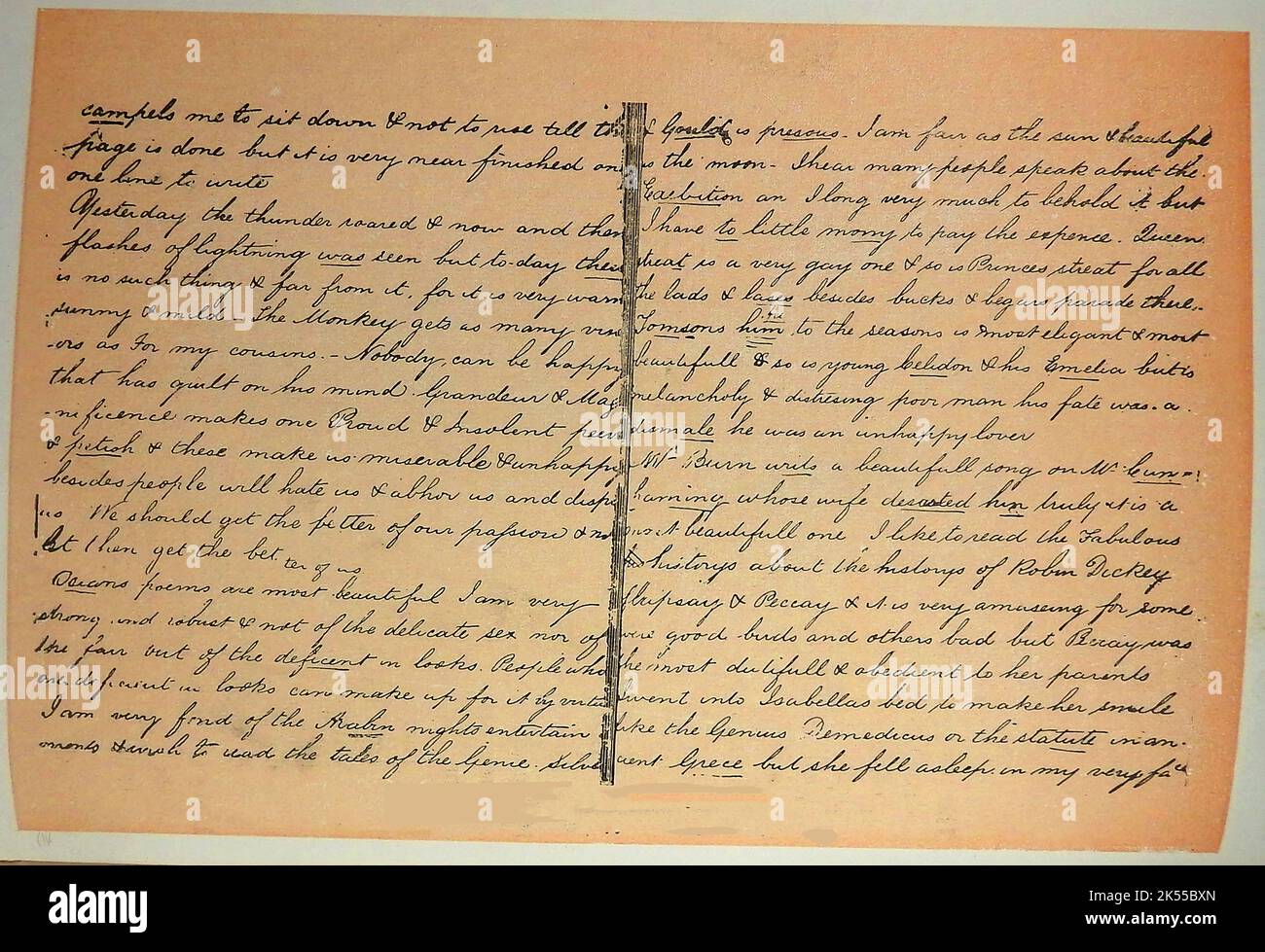 Eine Seite aus Marjory Flemings Tagebuch mit den unterstrichenen Korrekturen einer anderen Person (wahrscheinlich ihre Freundin Isa Keith). Marjorie war ein kindliterarisches Genie Marjory oder Marjorie, Fleming (1803-1811) - Familienname Maidie oder 'Pet Marjorie' / 'Pet Marjory'. Stockfoto