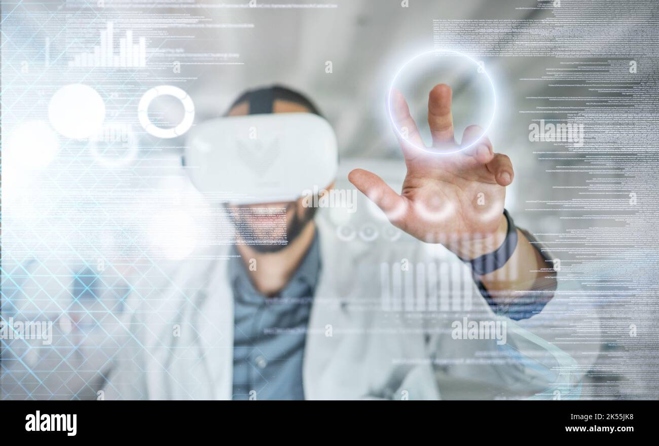 Metaverse, Overlay und wissenschaftlicher Arzt in Virtual-Reality-Headset für medizinische Forschung und Innovation auf vr digitalen Bildschirm. Mitarbeiter im Gesundheitswesen Stockfoto