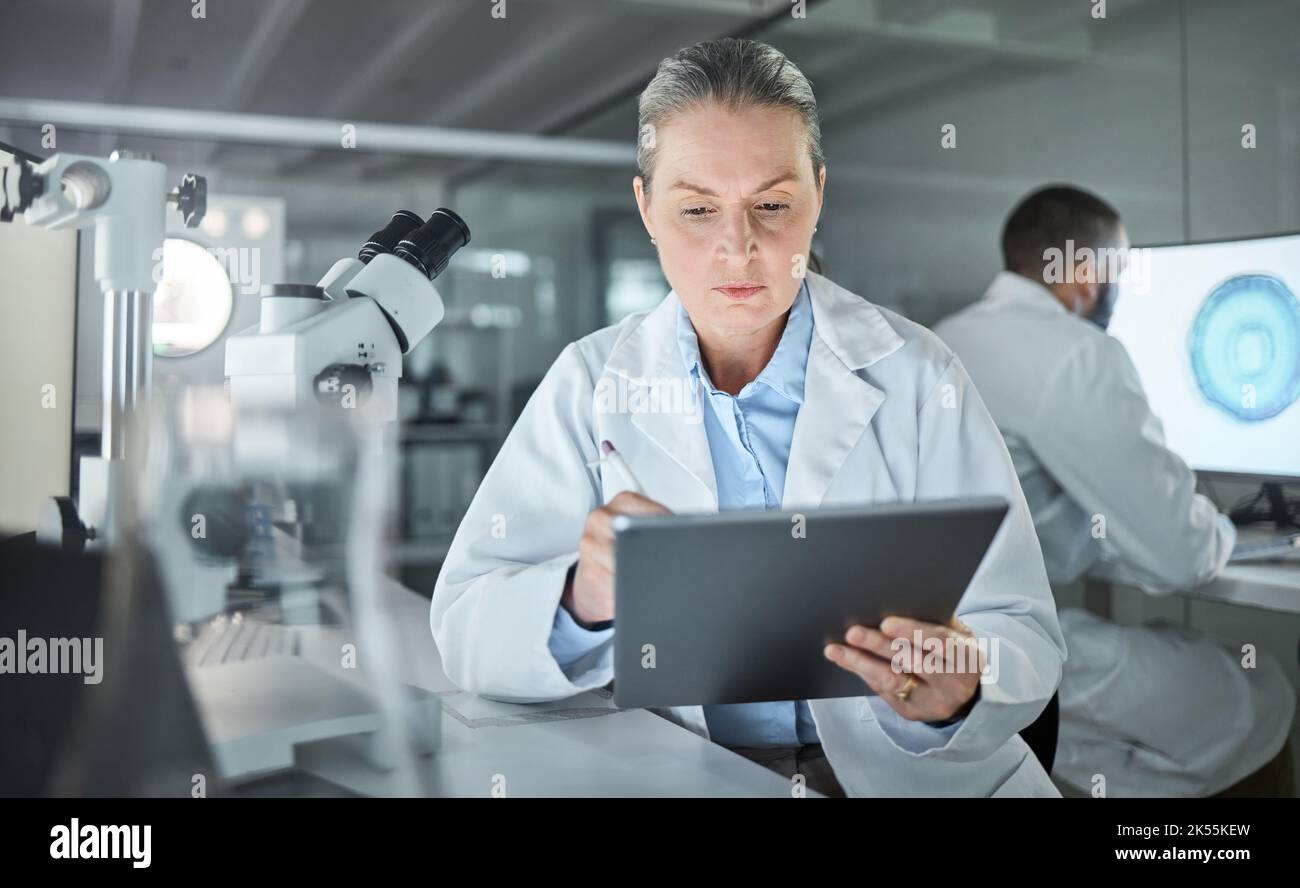 Wissenschaft, Tablet und Innovation mit einer Ingenieurin, die in einem medizinischen Labor forscht. Analytik, Internet und Technologie mit einem Arzt oder Stockfoto