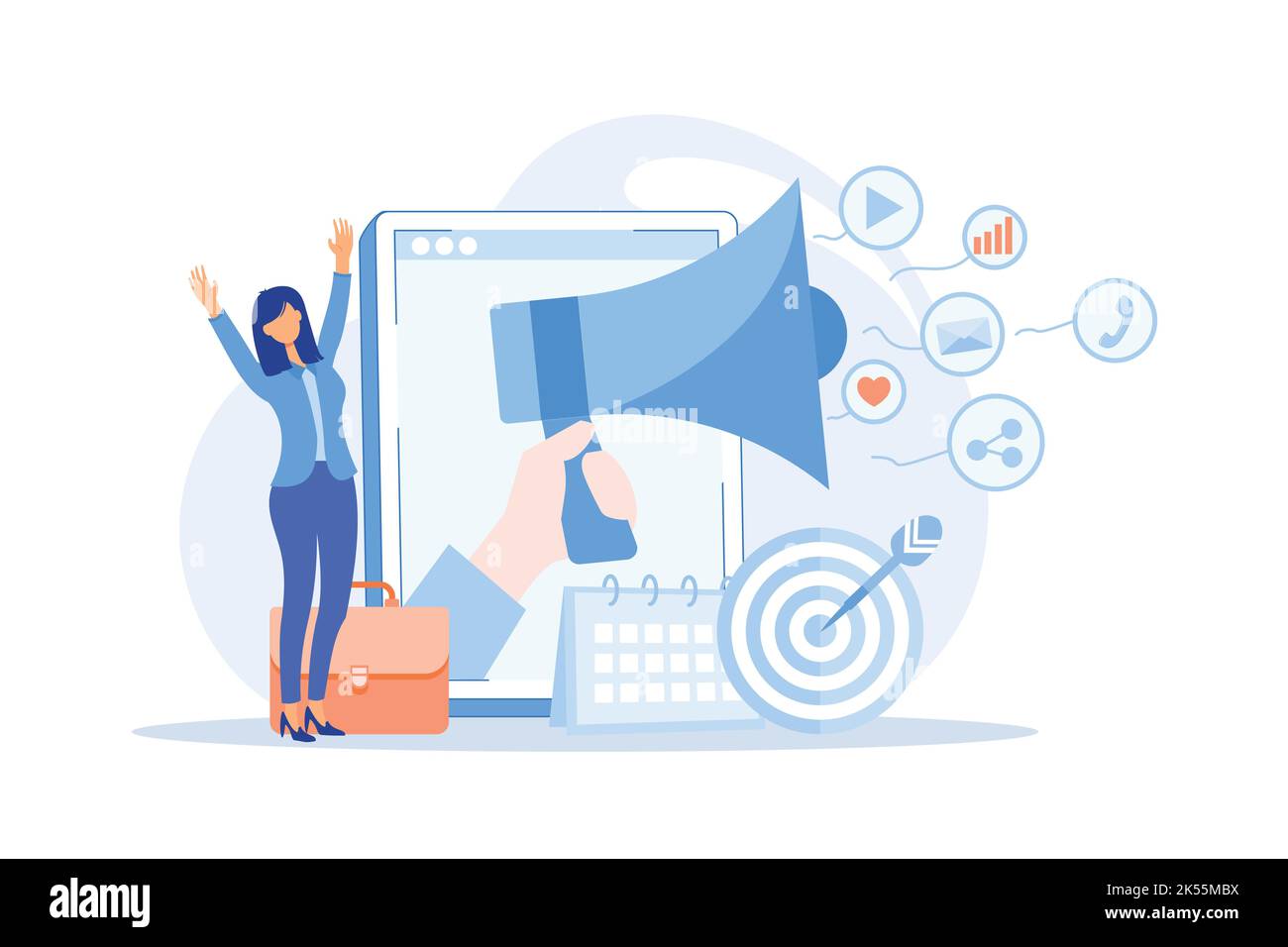 Marketingkampagne Geschäftsstrategie, digitale Produktwerbung, Zielgruppe in sozialen Medien, Markenkommunikation, Unternehmens-Website flaches Design m Stock Vektor