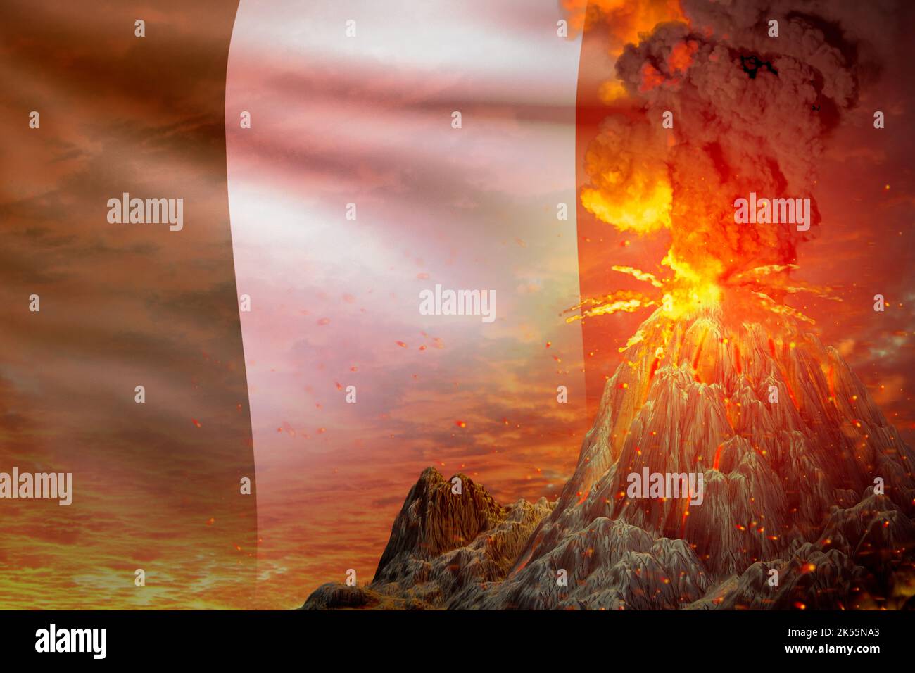 Großer Vulkanausbruch in der Nacht mit Explosion auf Irland Flagge Hintergrund, leiden unter Katastrophe und vulkanisches Erdbeben konzeptionelle 3D Illustration von na Stockfoto