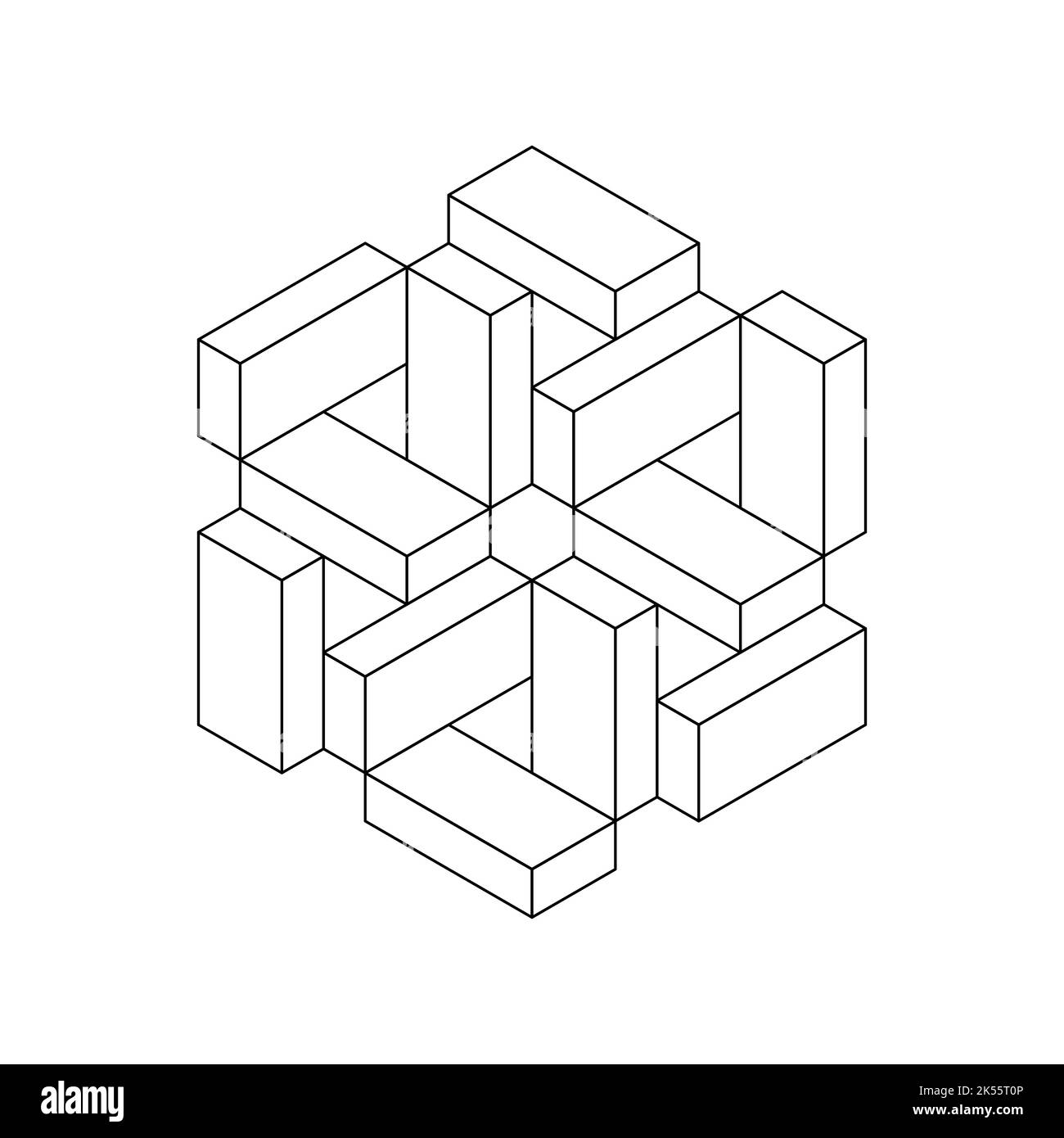 Komplexes geometrisches Objekt aus Rechtecken. Symbol für hexagonale Formlinie nicht möglich. Ziegel oder Blöcke einzigartige isometrische Projektion. Penrose Esher Figur. Stock Vektor