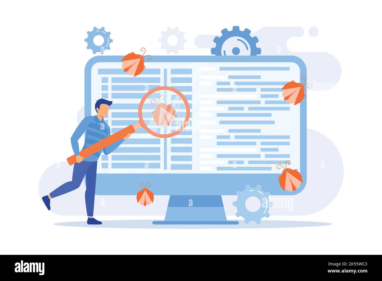 Software-Tests Programmer Lupe auf der Suche nach Fehlern in Programm, Anwendung. Software-Bugs, Fehler, Risiken. Flaches Design moderne Illustration Stock Vektor