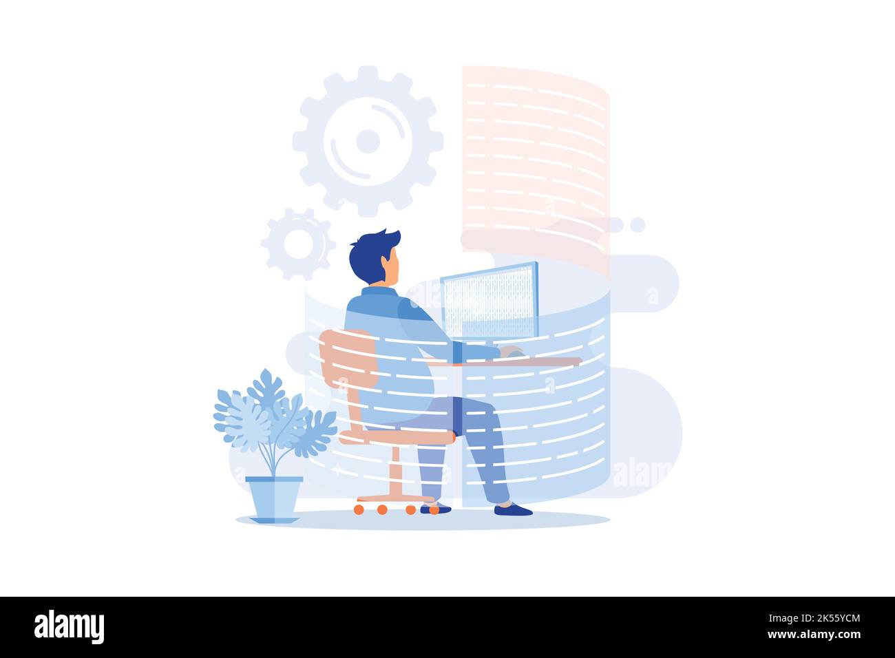 Geschäftsmann mit Computer bei der Arbeit. Professionelle Sekretärin, Webentwickler, freiberuflicher Unternehmer. Freiberuflicher Workflow, Remote-Job. Karikatur des Mitarbeiters c Stock Vektor