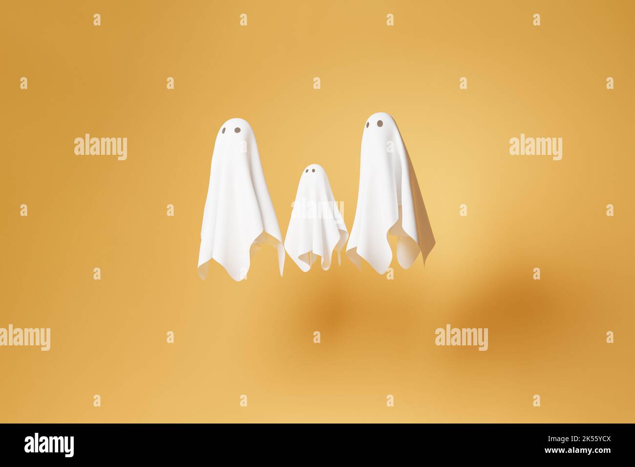 Gruselige Geister als fliessende weiße Decke, illustration 3D. Halloween und festliche Herbstthemen und Symbole, Familienfeiertagskonzepte Stockfoto
