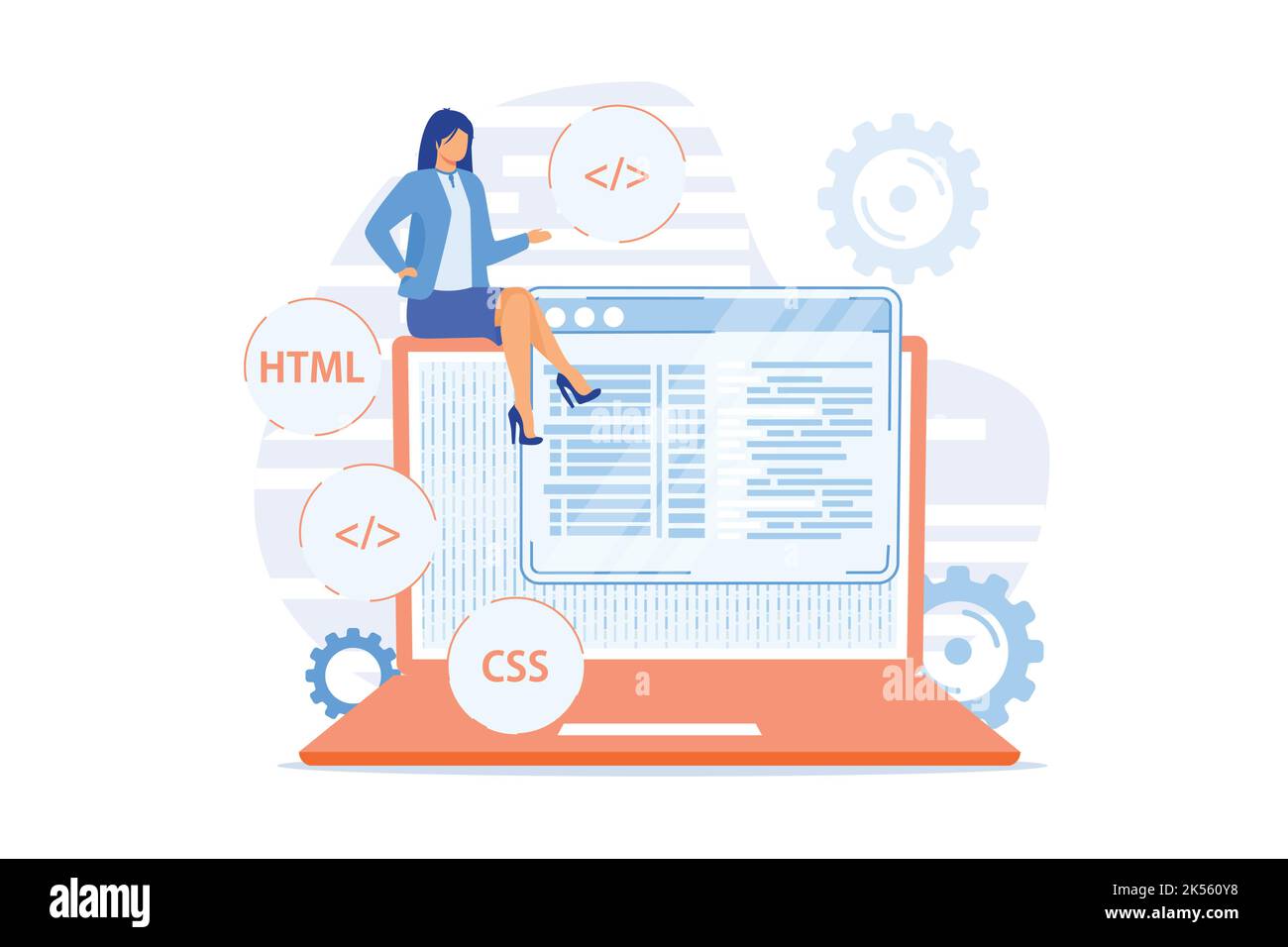 CSS- und HTML-Programmiersprachen. Computerprogrammierung, Codierung, IT. Weibliche Programmierer Zeichentrickfigur. Software, Website-Entwicklung. Vektorgrafik Stock Vektor