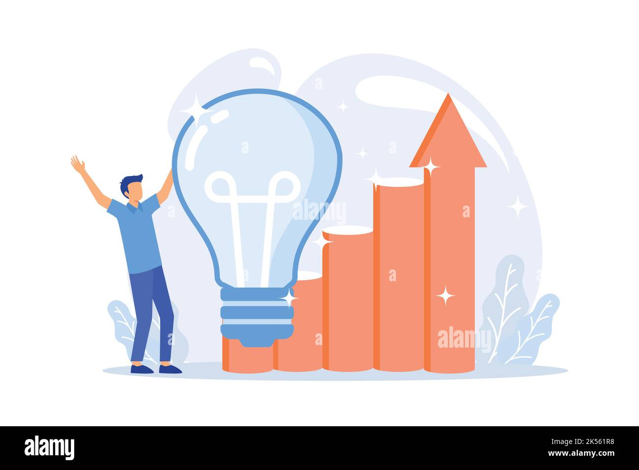 Kreatives Denken. Ursprünglicher Vorschlag, nicht standardmäßige Entscheidung, Problemlösung. Mann mit großen Glühbirne Cartoon-Charakter. Innovative Entwicklung. Vect Stock Vektor