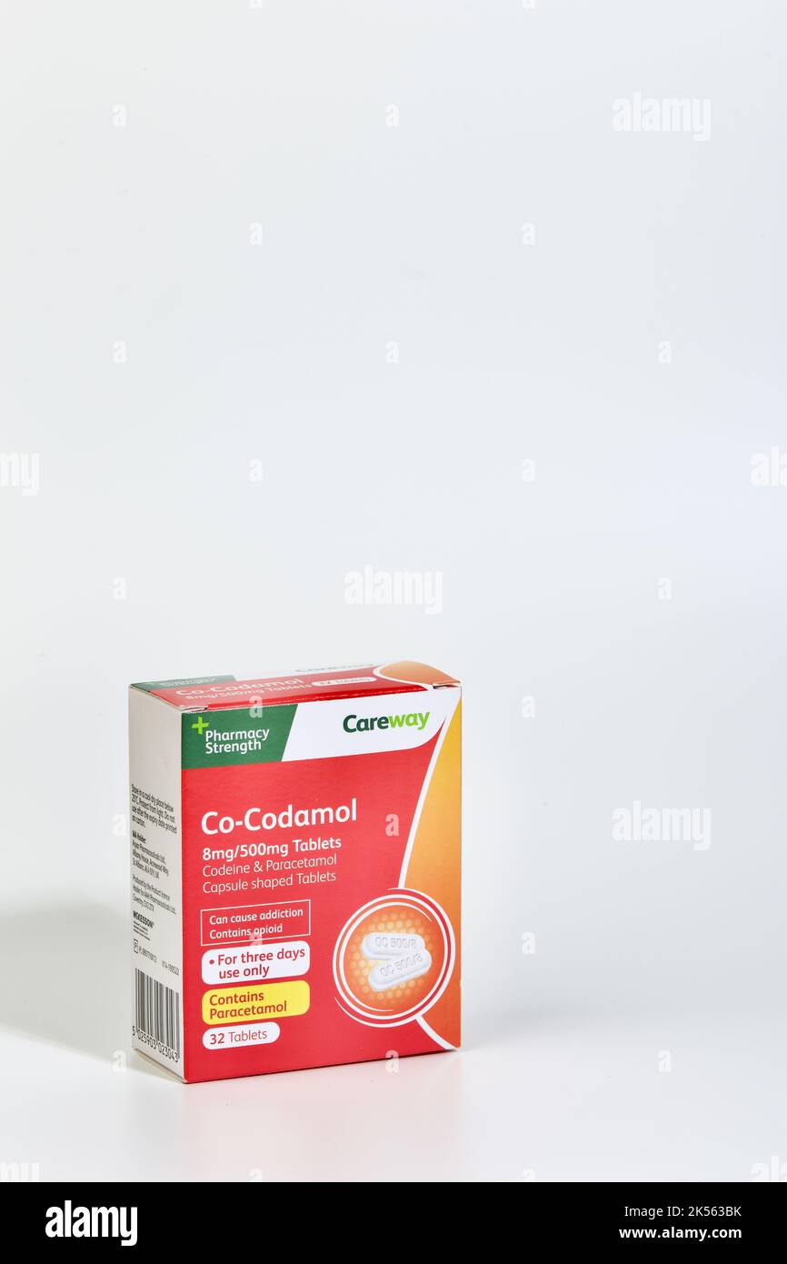 Co-Codamol ist eine Art Schmerzmittel, das Paracetamol und Coceine enthält. Stockfoto