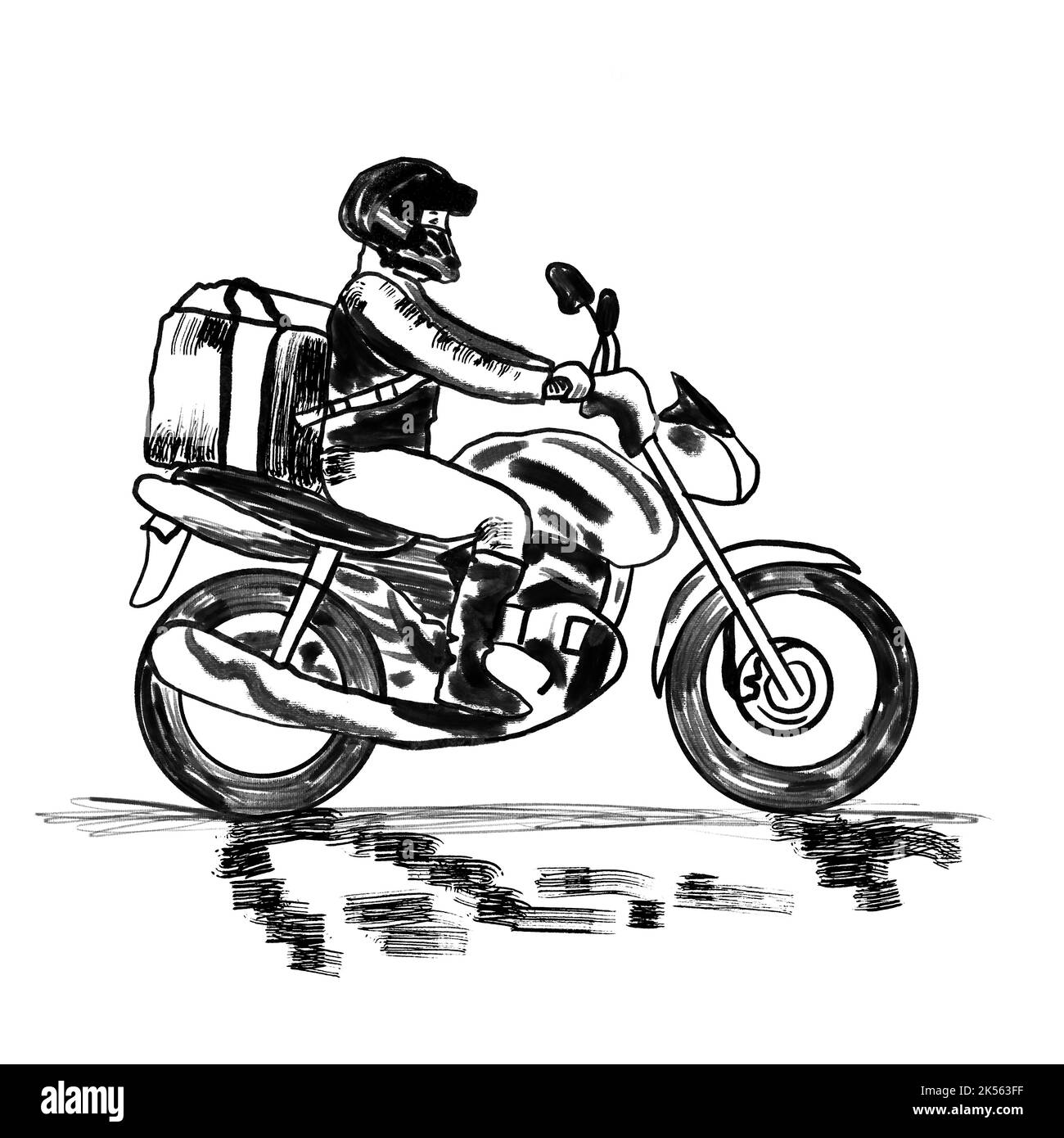 Handgezeichnete Abbildung des Kurierdienstes für die Lebensmittelzustellung auf dem Motorrad. Schwarze Linie monochromes Design in Tinte Farbe Form Silhouette Umriss, minimalistische Zeichnung Skizze Stockfoto