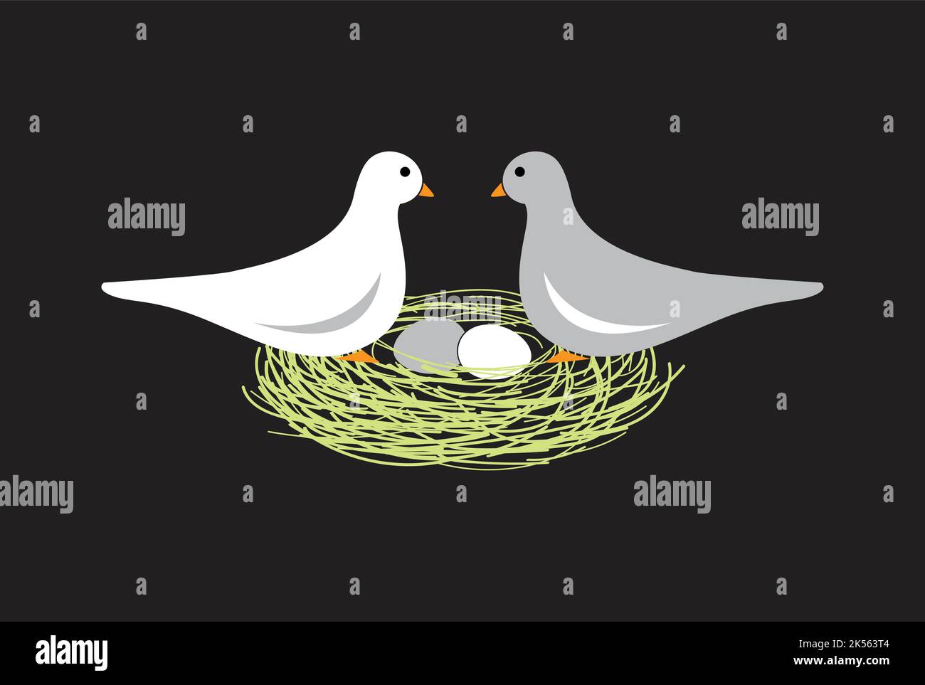 Vögel im Nest mit Eiern auf schwarzem Hintergrund. Vektor. Leicht editierbare Vektorgrafik mit Ebenen. Wilde Tiere. Stock Vektor