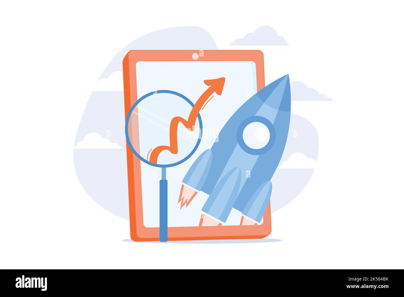Optimierung mobiler Software. Geschäftsentwicklung, Start, Startprozess. Rocketship und Smartphone isoliert flaches Design-Element. Vektor illustrr Stock Vektor
