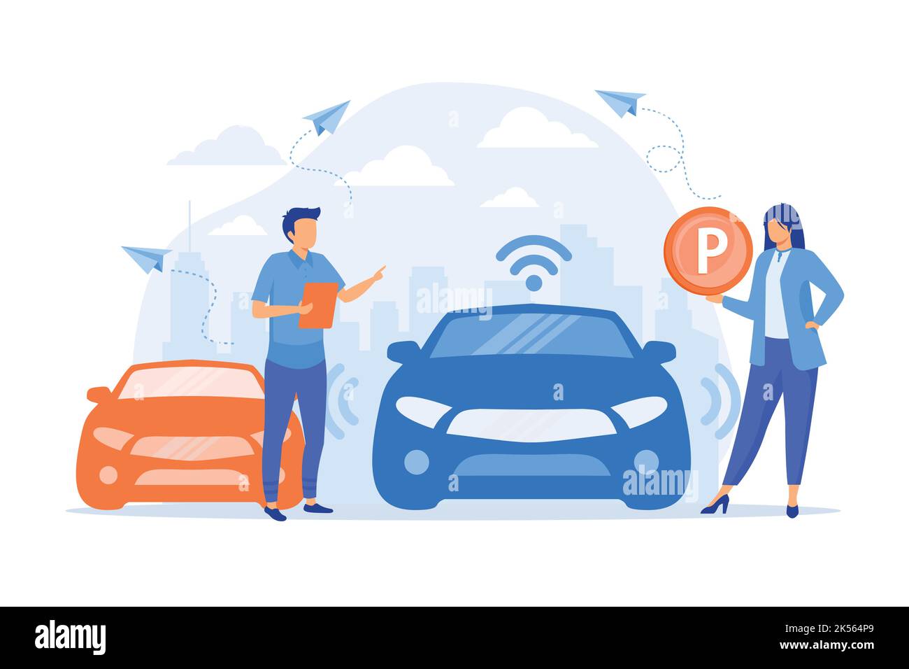 Selbstfahrender Wagen mit Sensoren, die automatisch auf dem Parkplatz abgestellt werden. PKW-System zum Selbstparken, Fahrzeug zum Selbstparken, Konzept der intelligenten Parktechnik. ve Stock Vektor