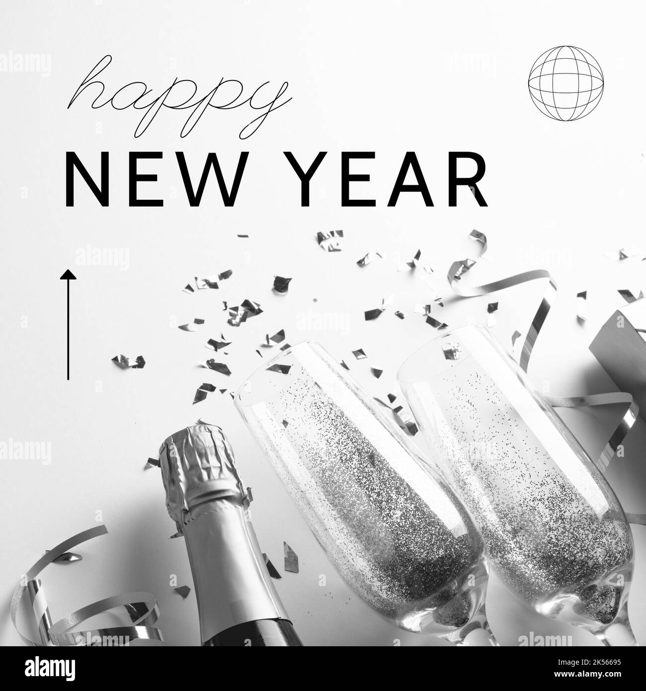 Quadratisches Bild des glücklichen neuen Jahres über Schwarz-Weiß-Foto von Champagner und Konfetti Stockfoto