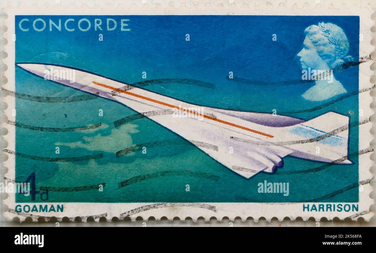 Foto einer britischen Briefmarke zum Gedenken an den ersten Flug der Concorde 1969 über die Britischen Inseln und Frankreich Stockfoto