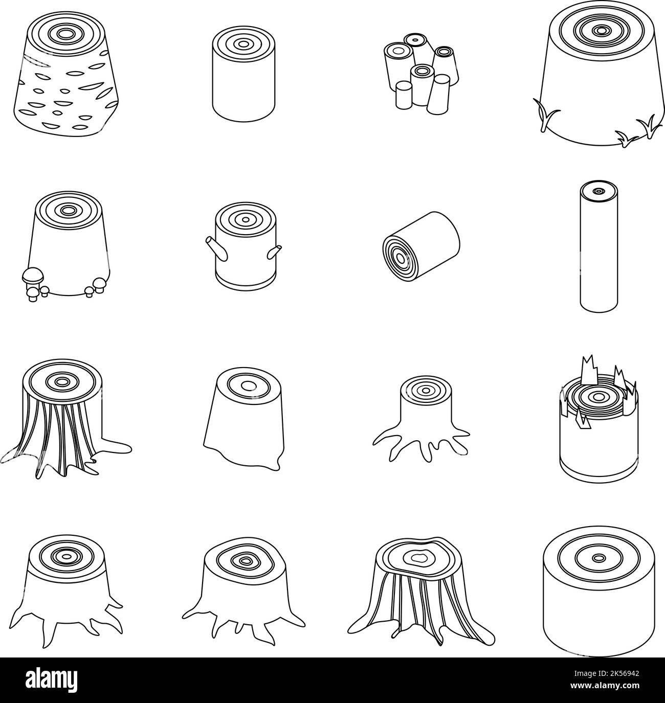 Symbole für Baumstümpfe gesetzt. Isometrischer Satz von Baumstämmen Vektorsymbolen umreißen isoliert auf weißem Hintergrund Stock Vektor