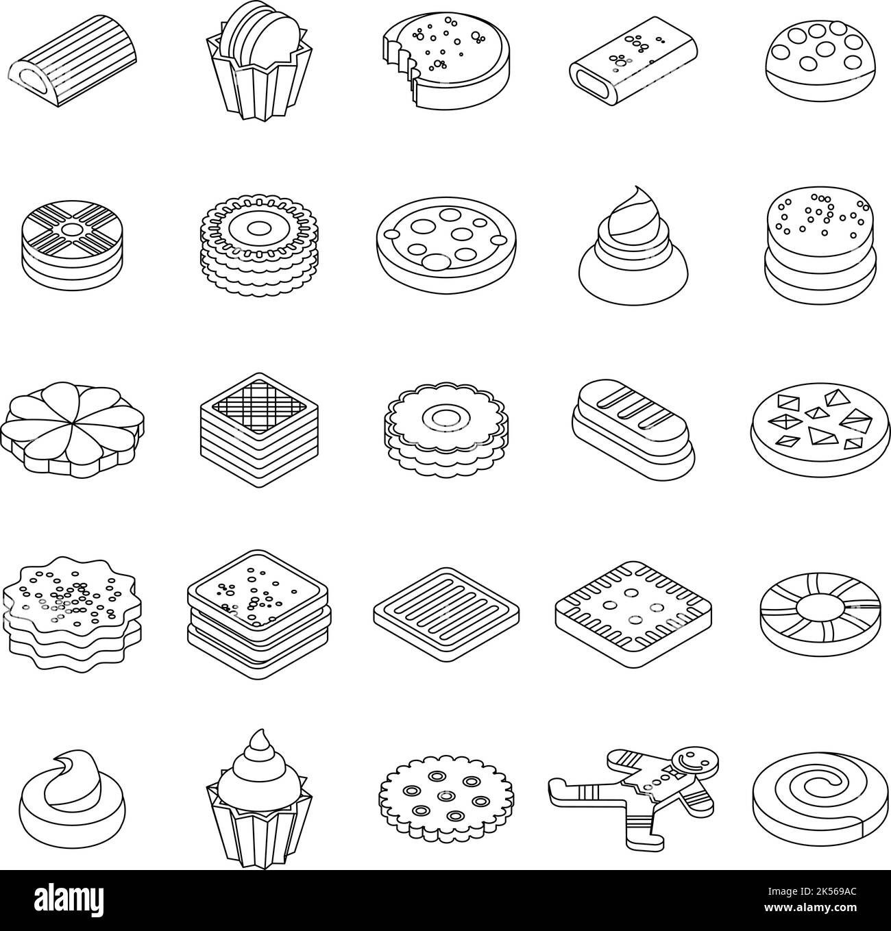 Symbol für Cookies gesetzt. Isometrischer Satz von Cookies Vektorsymbolen umreißen isoliert auf weißem Hintergrund Stock Vektor