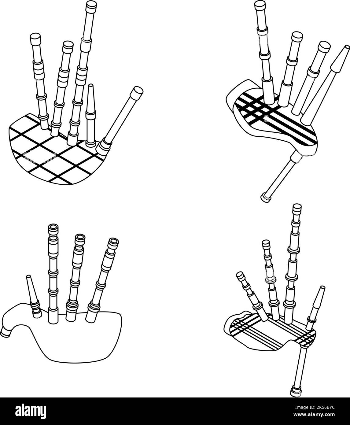 Dudelsäcke Symbole gesetzt. Isometrischer Satz von Dudelsäcken-Vektorsymbolen umreißen isoliert auf weißem Hintergrund Stock Vektor