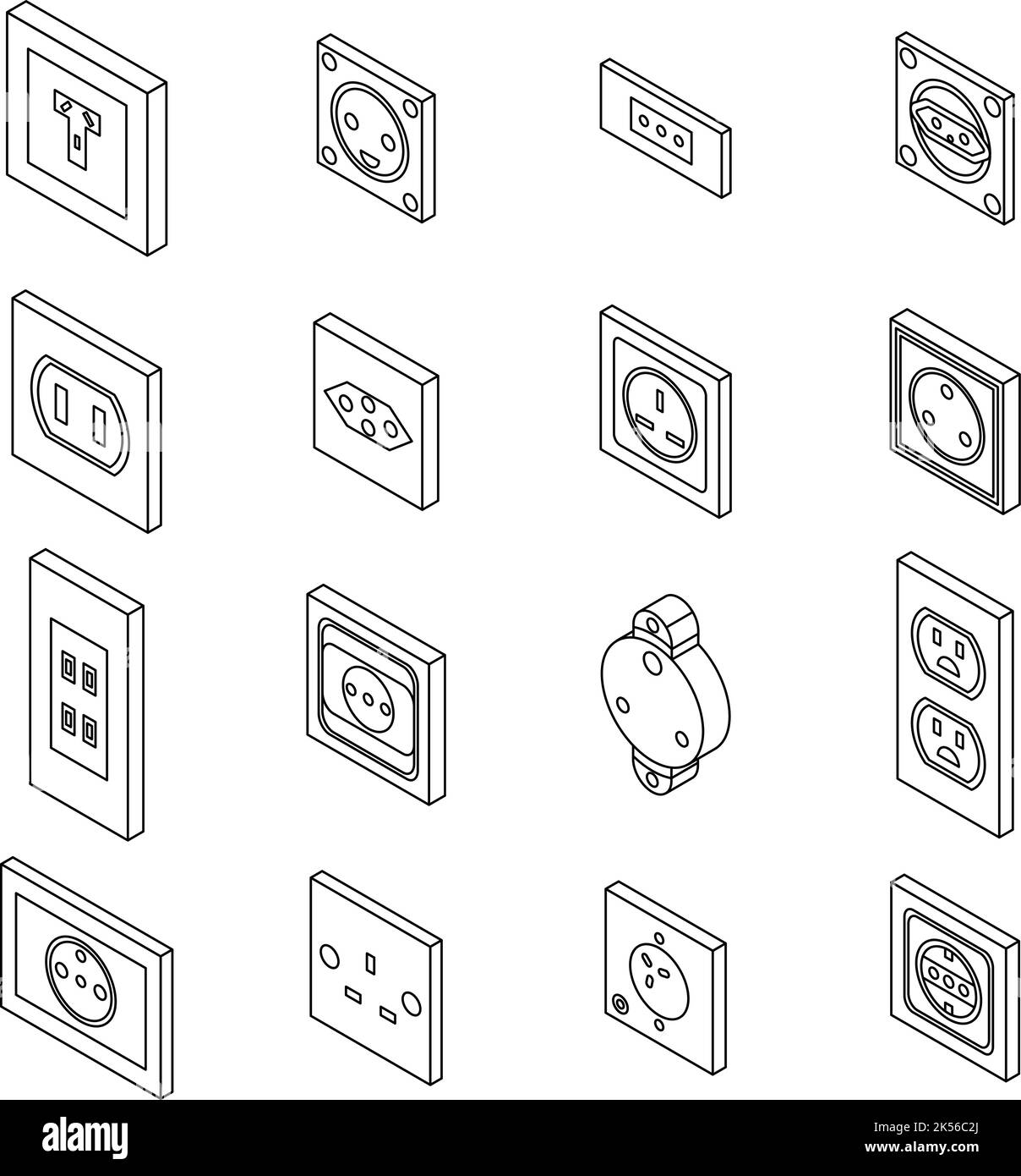 Symbole für Netzsteckdose eingestellt. Isometrischer Satz von Stromsteckdose-Vektorsymbolen, die isoliert auf weißem Hintergrund dargestellt werden Stock Vektor