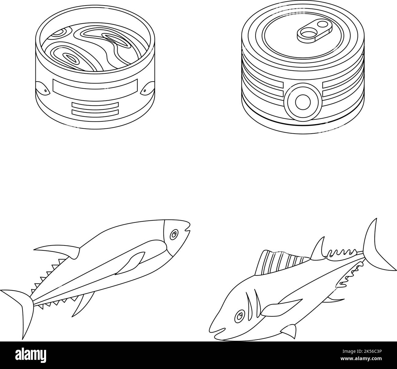 Thunfisch-Symbole eingestellt. Isometrischer Satz von Thunfisch-Vektorsymbolen umreißen isoliert auf weißem Hintergrund Stock Vektor