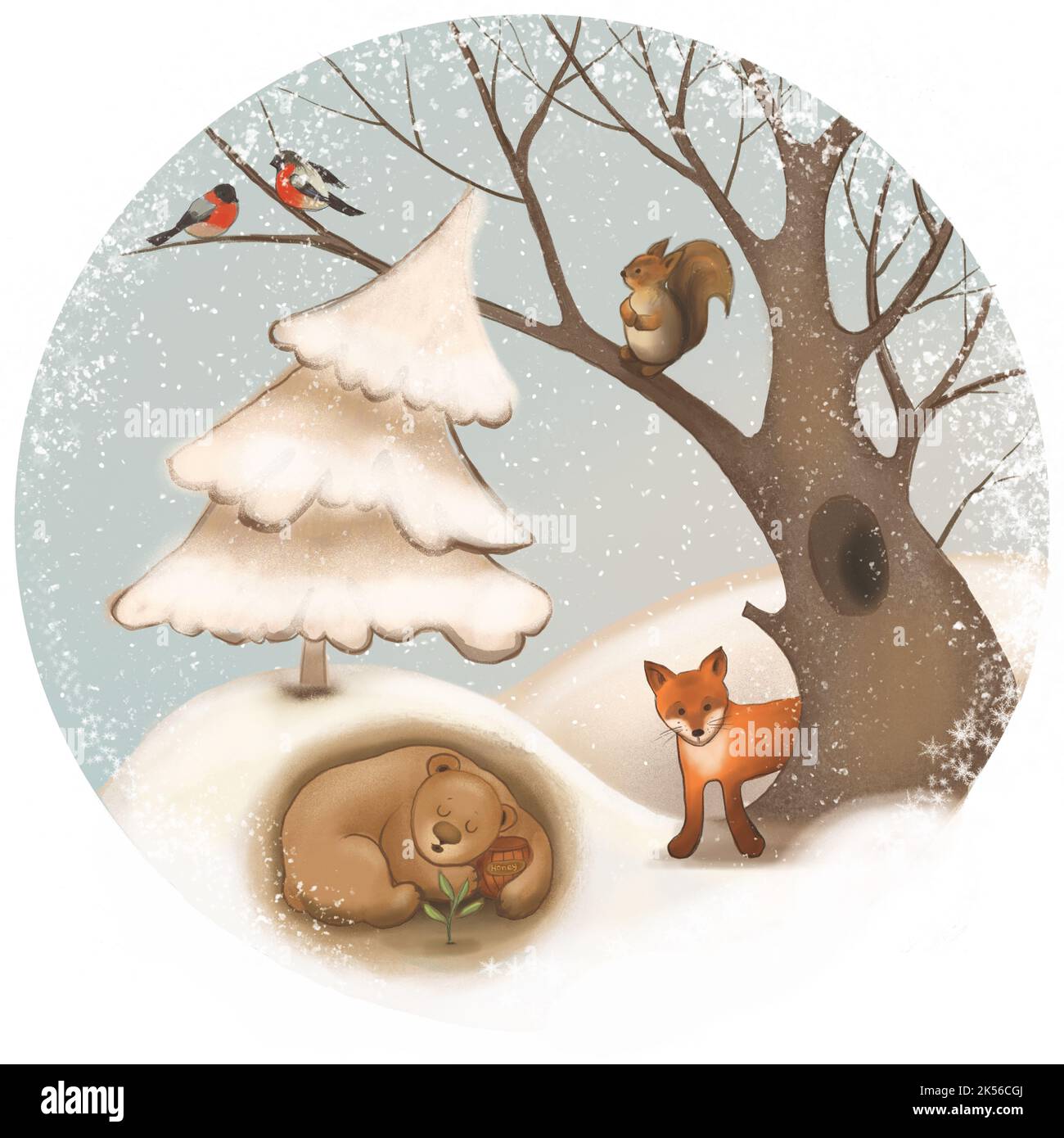 Märchenhafte, schöne Winterillustration mit Waldtieren. Stockfoto