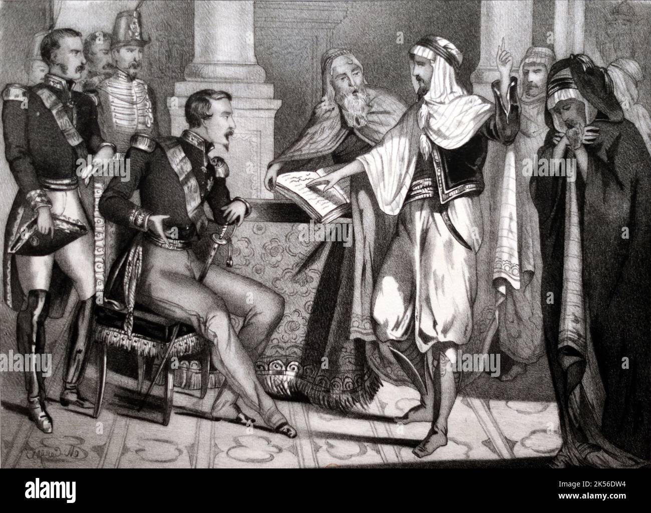 Prinz Louis-Napoleon, Napoleon III., empfängt den algerischen Emir Abdelkader, Abd el-Kader oder Abdelkader ibn Muhieddine c1852. Vintage Engraving Stockfoto