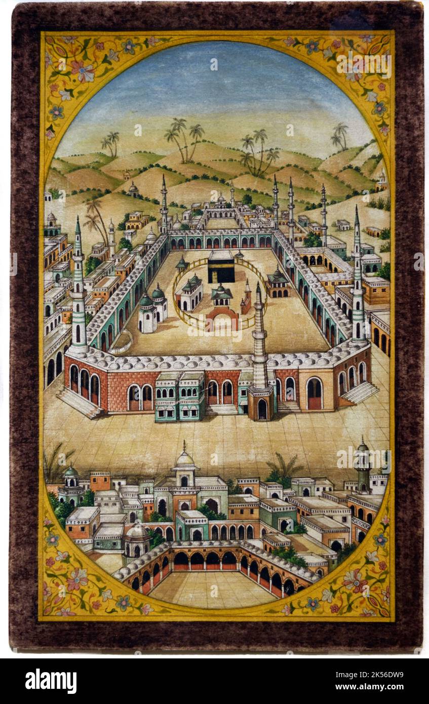 Miniaturgemälde mit Blick auf die große Moschee von Mekka und die Kaaba, Mekka oder Makka, Saudi-Arabien 1866 von El Husseini Stockfoto
