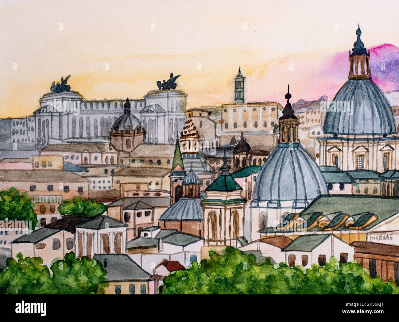Stadtbild von Rom, Italien. Aquarellmalerei. Stockfoto