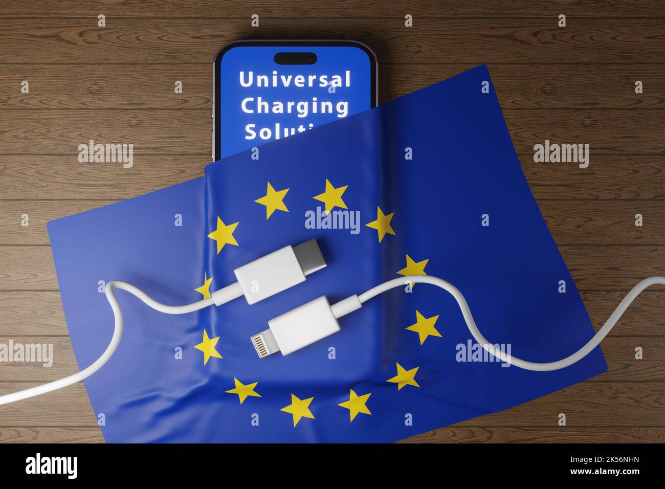 Anschlüsse für USB-C und Lightning-Ladegerät auf EU-Flagge und Smartphone. Illustration des Konzepts der EU-Vorschriften zur Standardisierung aller mobilen Mobilfunkgebühren Stockfoto