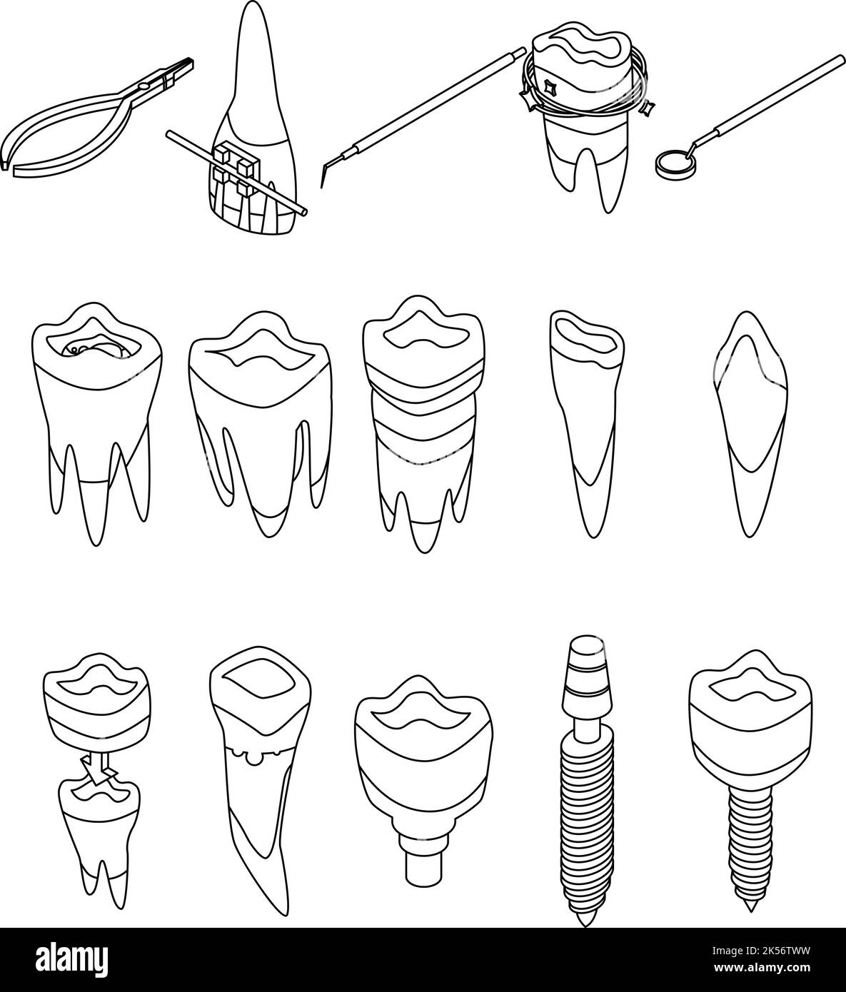Symbole zur Zahnwiederherstellung eingestellt. Isometrische Vektorsymbole für Zahnrestaurationen, die isoliert auf weißem Hintergrund dargestellt werden Stock Vektor