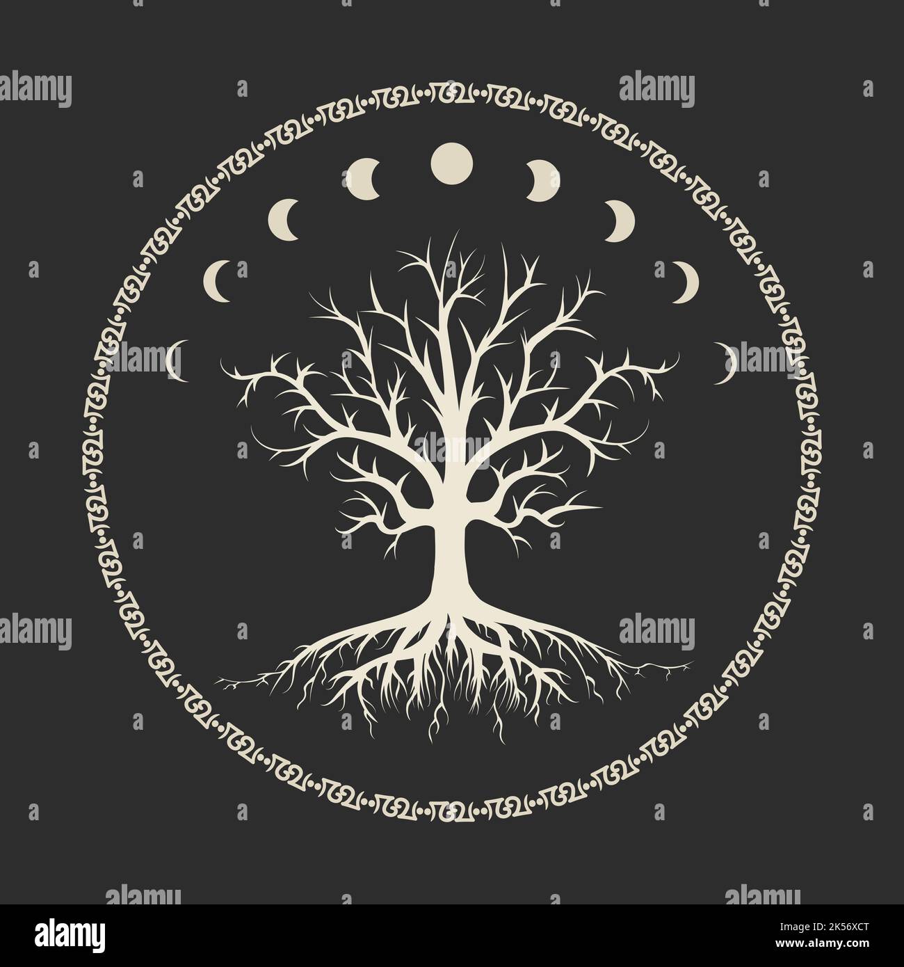 Baum des Lebens und Mondphasen esoterisches Emblem. Vektorgrafik isoliert auf Schwarz Stock Vektor
