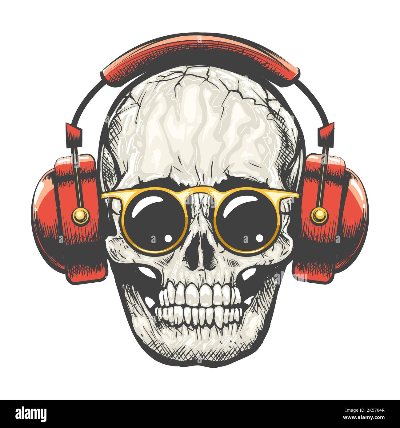 Totenkopf mit Brille und Kopfhörer Tattoo. Vektorgrafik isoliert auf Weiß. Stock Vektor